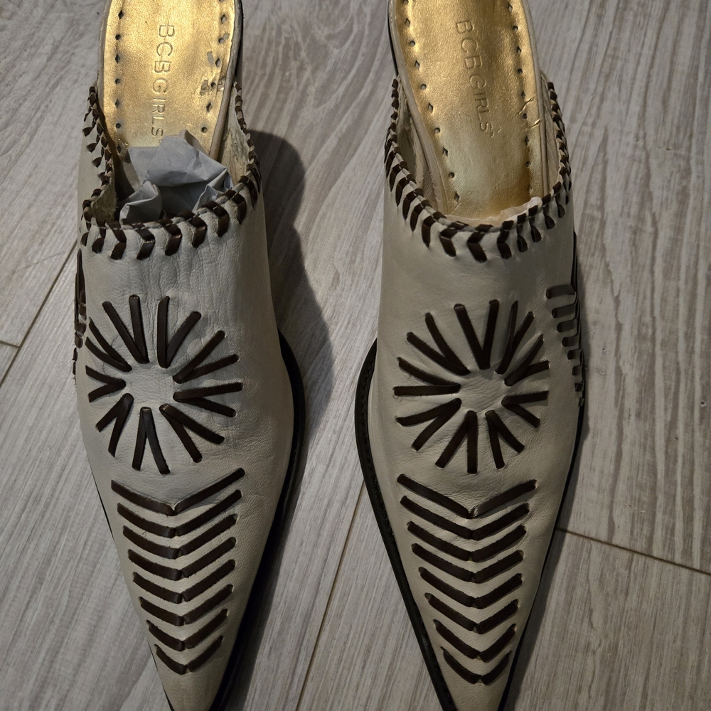 BCBGirls Cream and Brown Mules